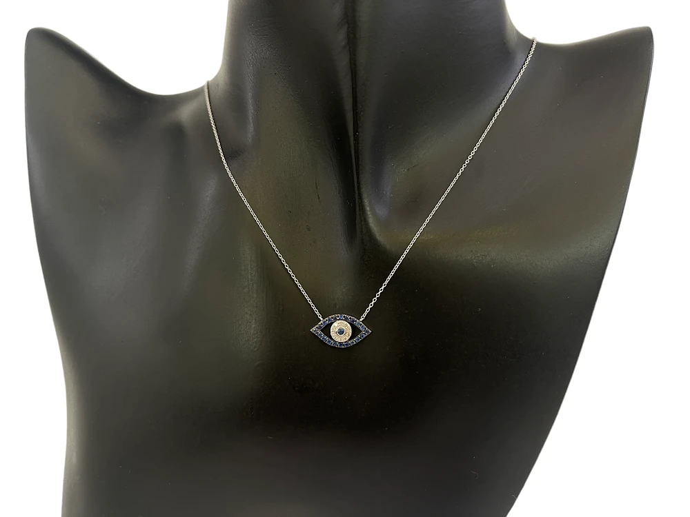 10K White Gold Sapphire & Diamond Evil Eye Pendant, 18"