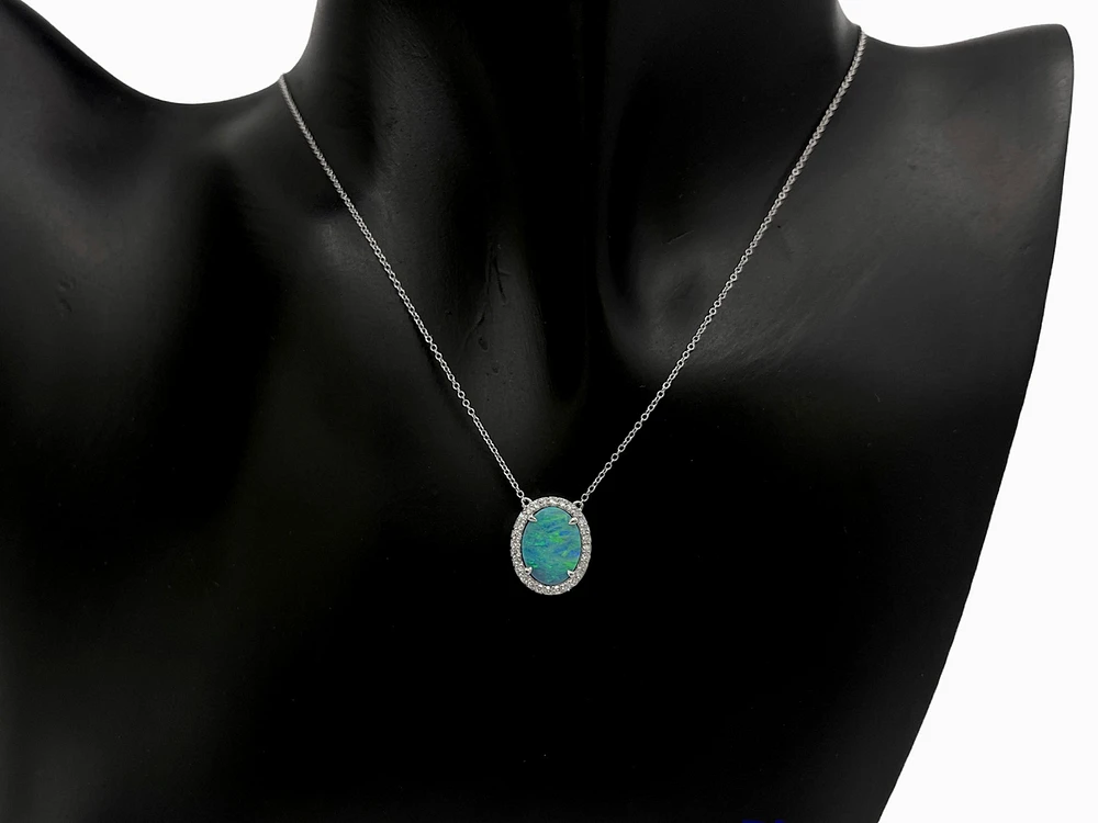 10K White Gold Custom Made Australian Opal Doublet and Diamond Pendant, 18"