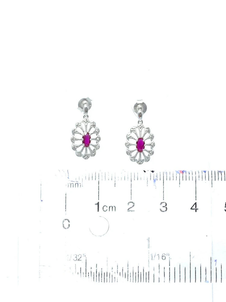 10K White Gold 0.65cttw Genuine Ruby and 0.10cttw Diamond Earrings