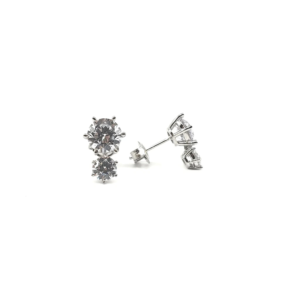 925 Sterling Silver 2 Tier Drop Round Cubic Zirconia Stud Earring - 13mm x 8.5mm