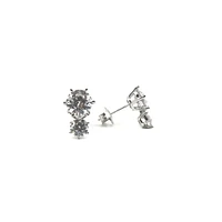 925 Sterling Silver 2 Tier Drop Round Cubic Zirconia Stud Earring - 13mm x 8.5mm