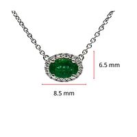 18K White Gold  Oval Cut Emerald and Diamond Halo Necklace, 16-18"