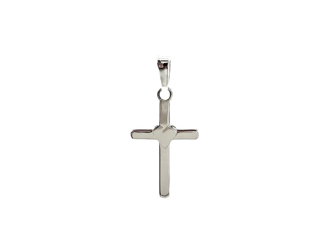 925 Sterling Silver 25mm x 15mm Flat Cross Charm with a Heart Center