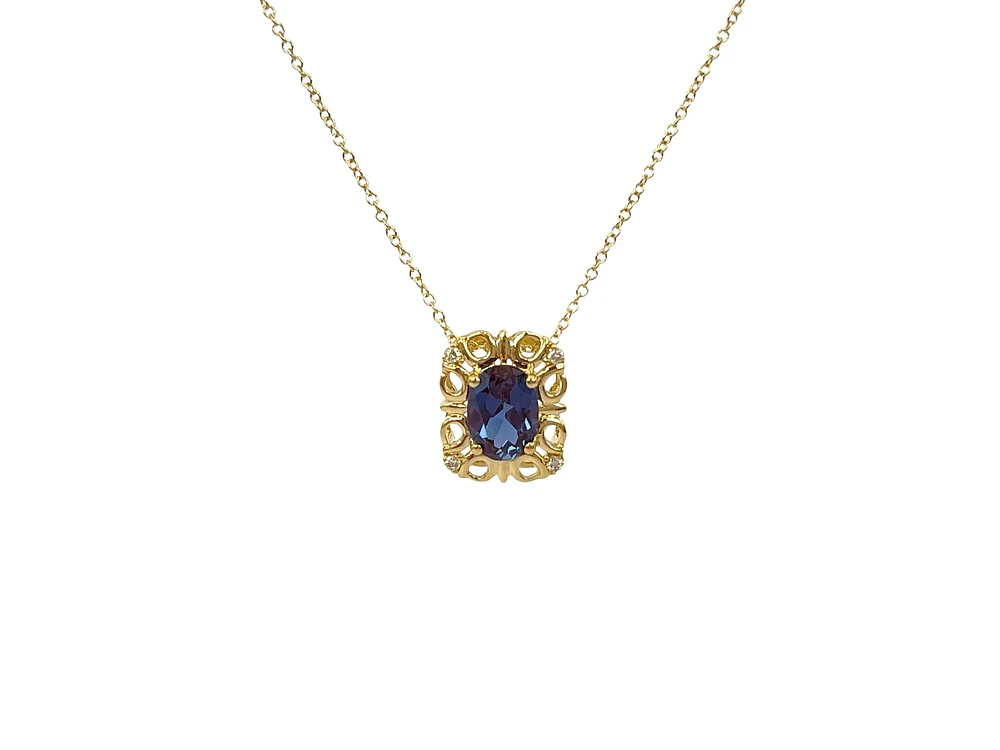 10K Yellow Gold 7x5mm Oval Cut Created Alexandrite and 0.03cttw Diamond Necklace - 18 Inches