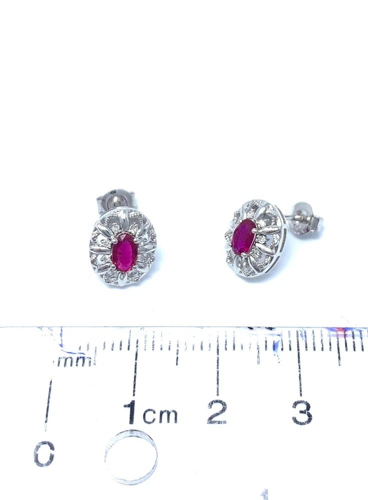 10K White Gold 0.65cttw Genuine Ruby and 0.08cttw Diamond Earrings