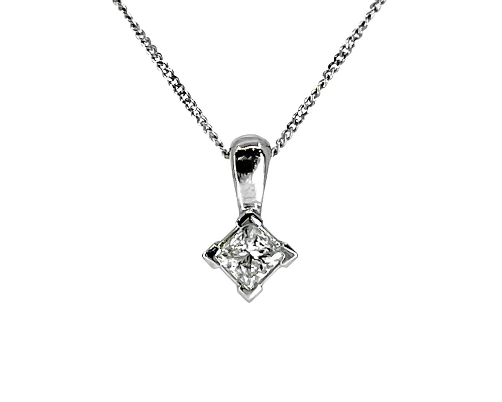 18K White Gold 0.15cttw Princess Cut Canadian Diamond Pendant, 18"