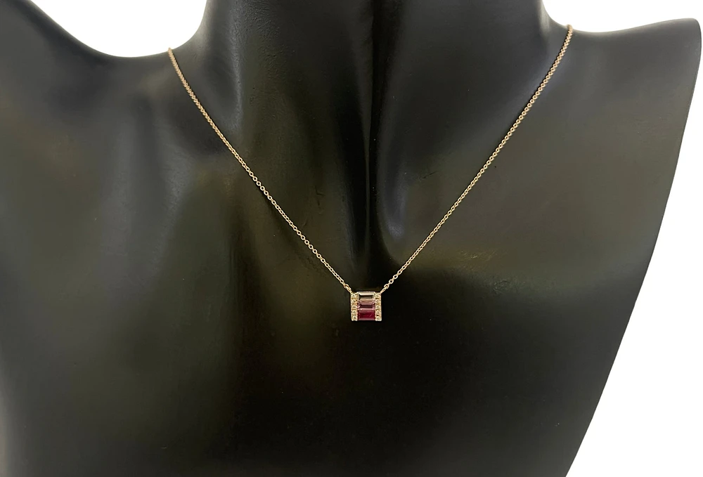 14K Yellow Gold Ruby, Pink Sapphire, White Topaz and Diamond Necklace, 18"