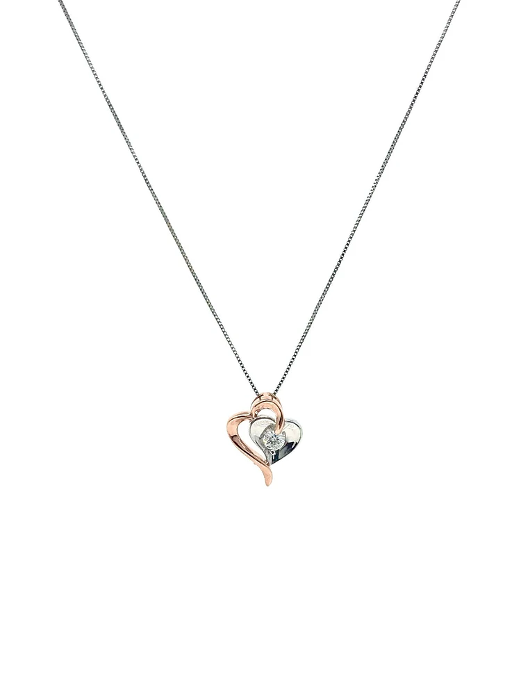 10K Rose Gold & White Gold 0.096cttw Canadian Diamond Heart Pendant, 18"