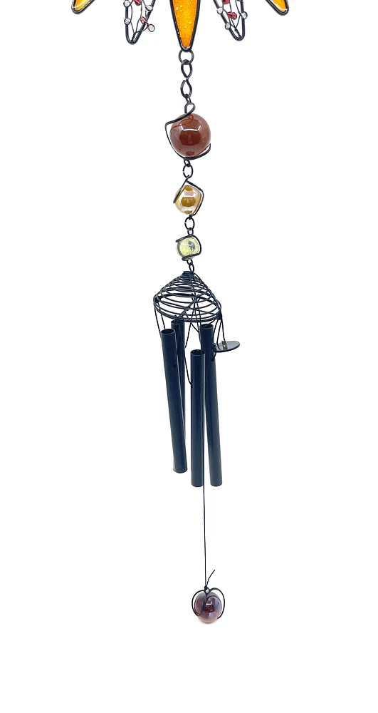 Black Metal & Glass Orange Flowers with Sunflower Windchime