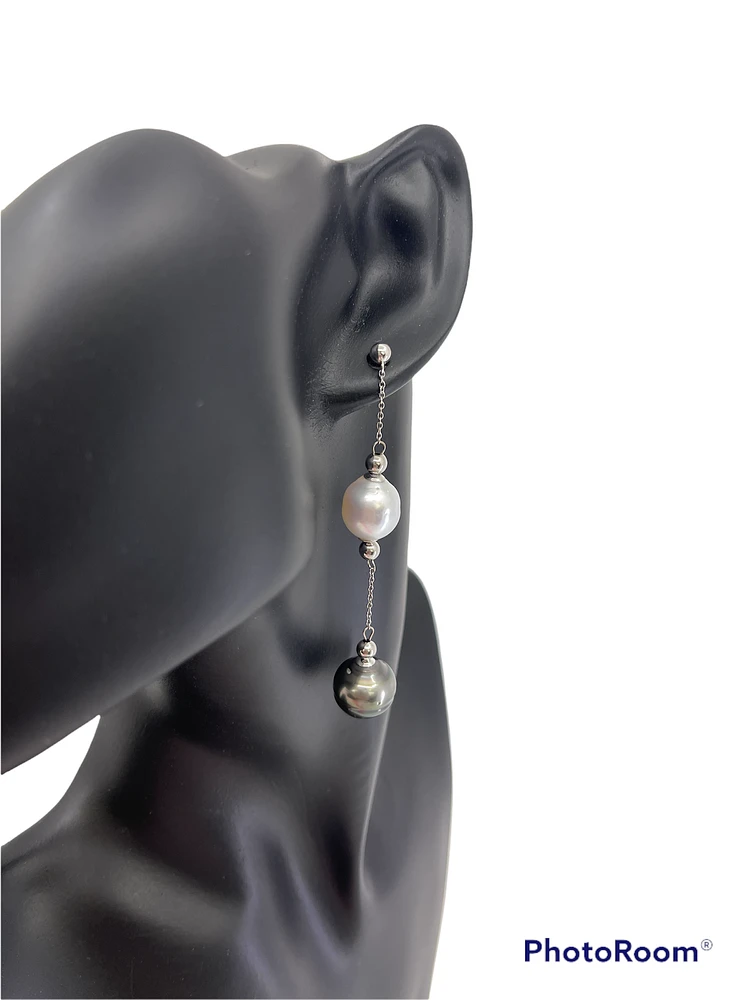 14K Gold South Sea and Tahitian Pearl Earrings with Butterfly Backs