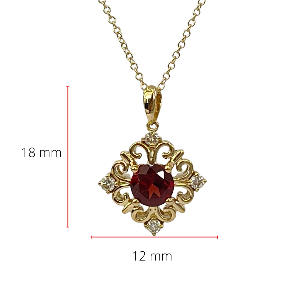 10K Yellow Gold 5mm Round Cut Garnet and 0.09cttw Diamond Pendant - 18 inches