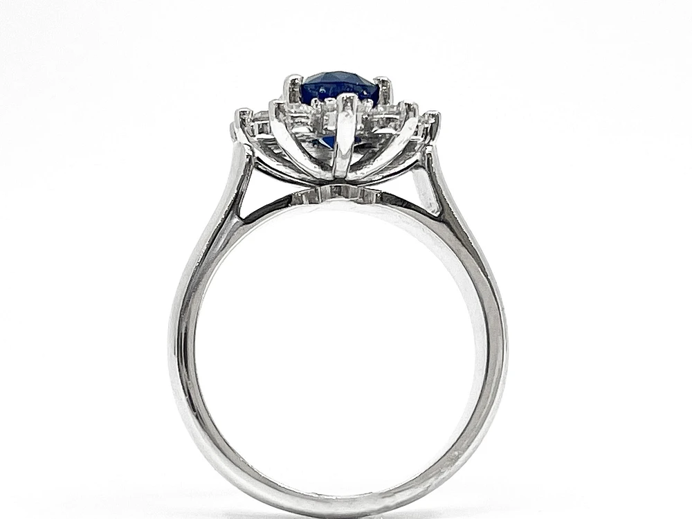14K White Gold 1.40cttw Genuine Blue Sapphire and 0.50cttw Diamond Halo Ring, size 6