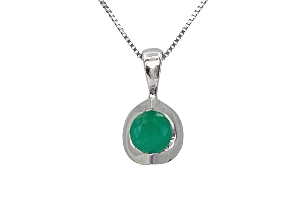 10K White Gold Emerald Pendant, 18"