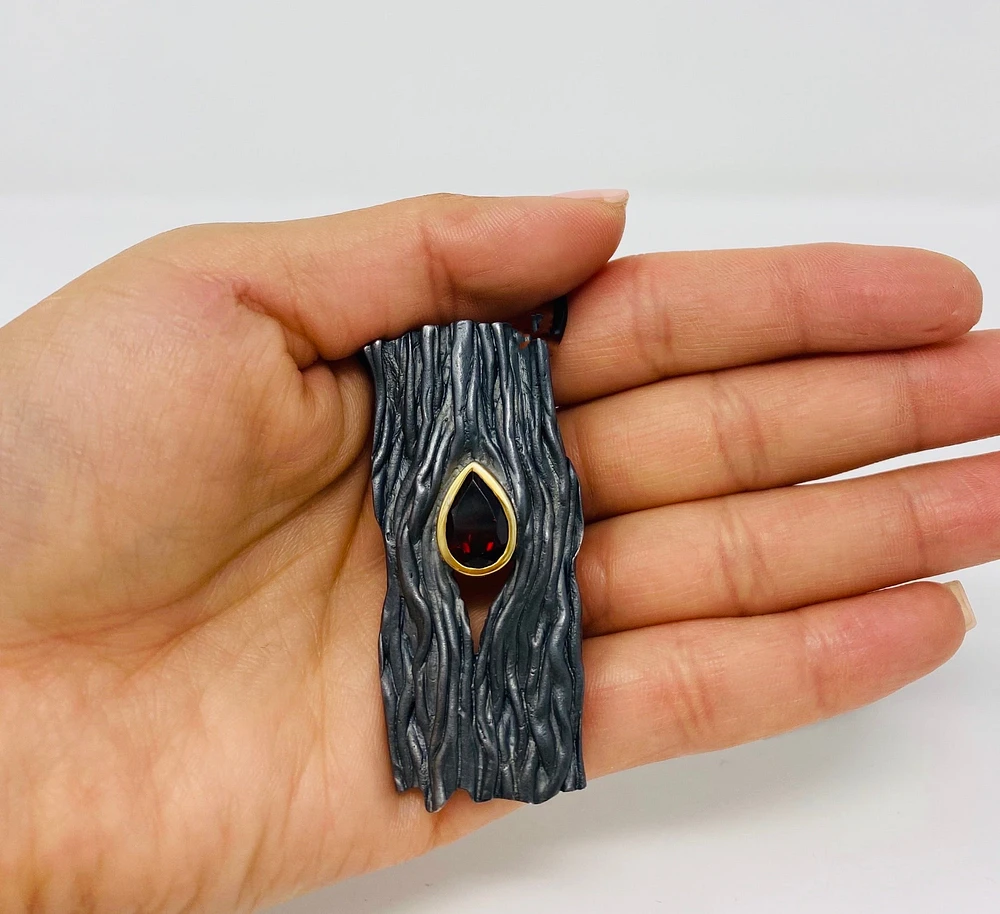 Silver and 18K Yellow Gold Plated Garnet Pendant, 18"