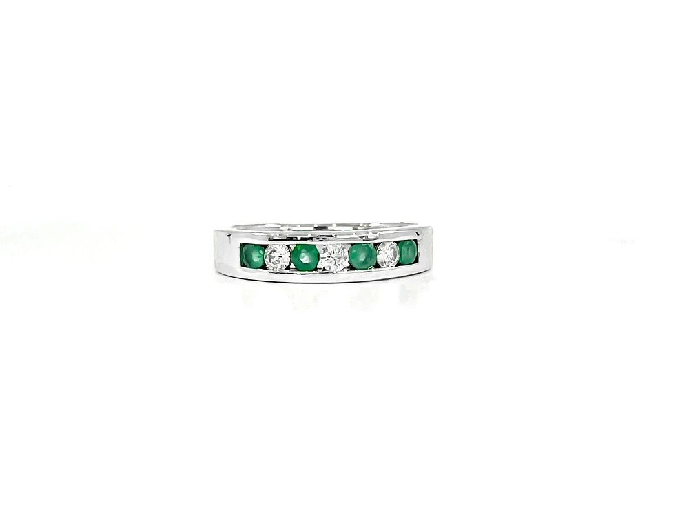 10K White Gold Genuine Emerald & Diamond Band