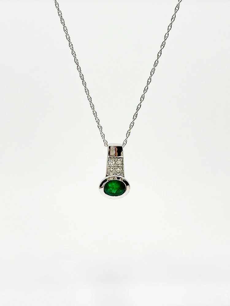 10K White Gold Genuine Emerald and Diamond Pendant, 18"