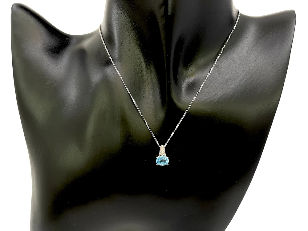 10K White Gold Blue Topaz and Diamond Pendant, 18"