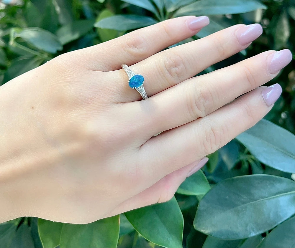 10K White Gold 1.00cttw Genuine Australian Doublet Opal and 0.04cttw Diamond Ring, size 7