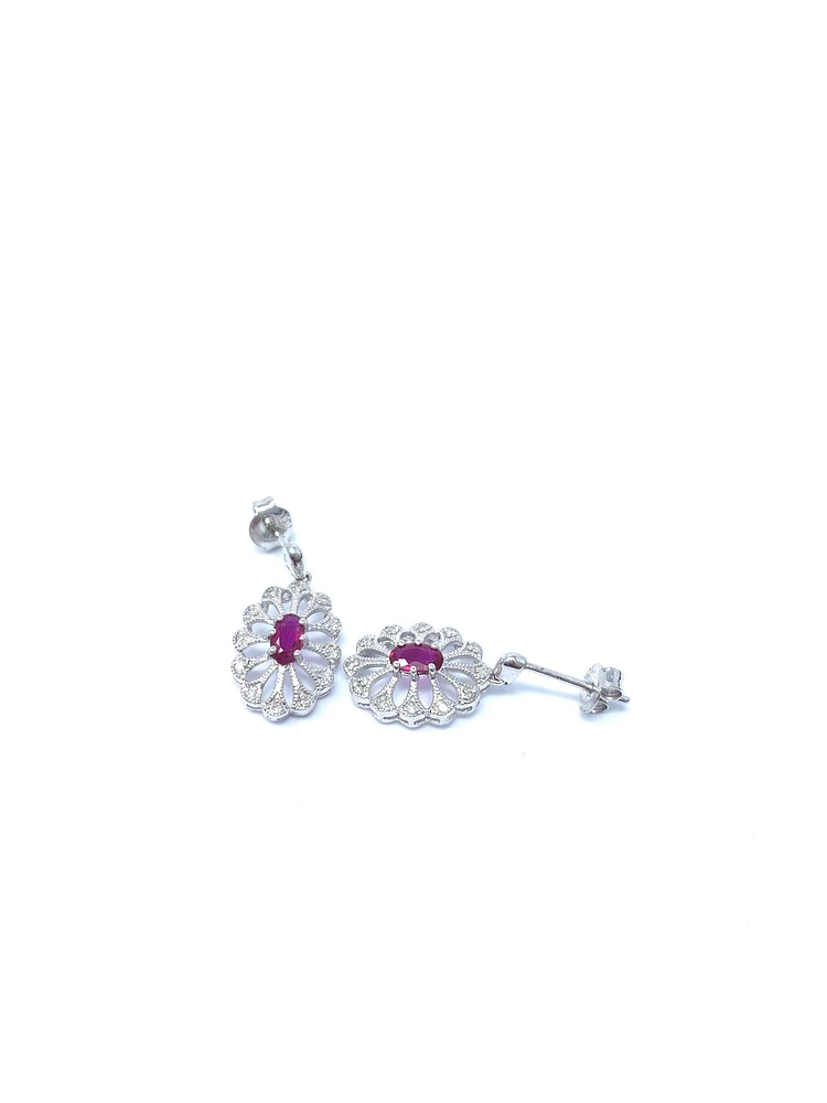 10K White Gold 0.65cttw Genuine Ruby and 0.10cttw Diamond Earrings