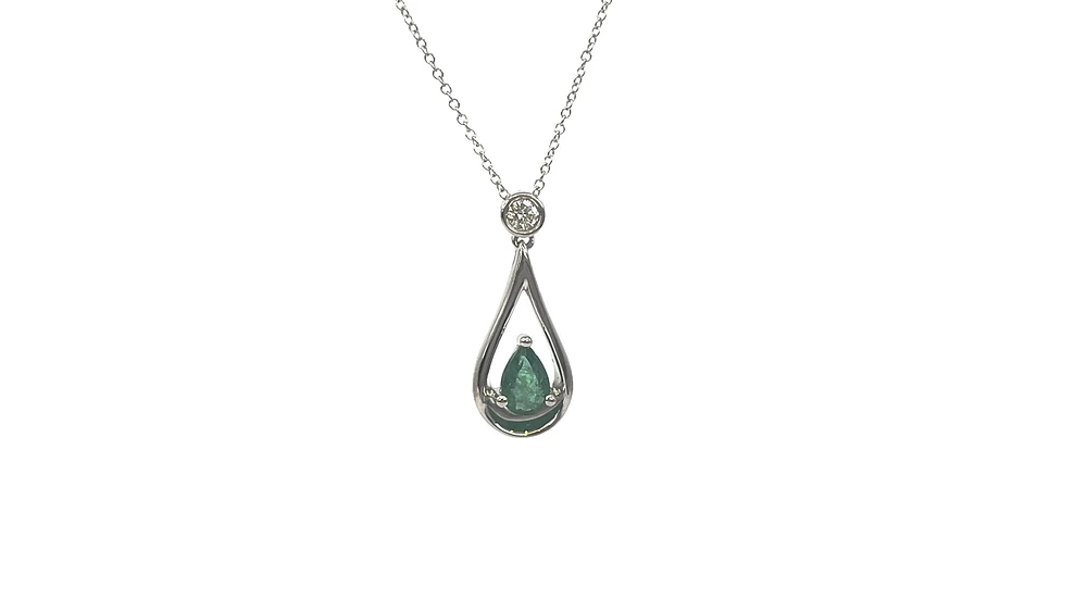 10K White Gold 6x4mm Pear Cut Emerald and 0.055cttw Diamond Pendant - 18 inches