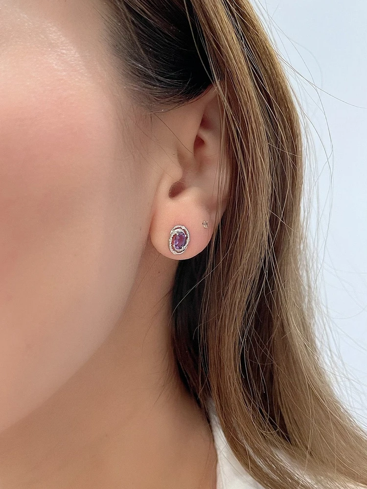 925 Sterling Silver Amethyst & Diamond Halo Stud Earrings