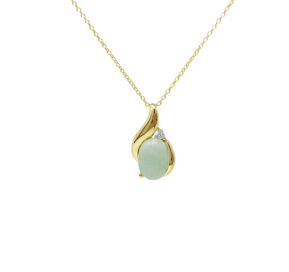 10K Yellow Gold Jade And Diamond Pendant - 18"