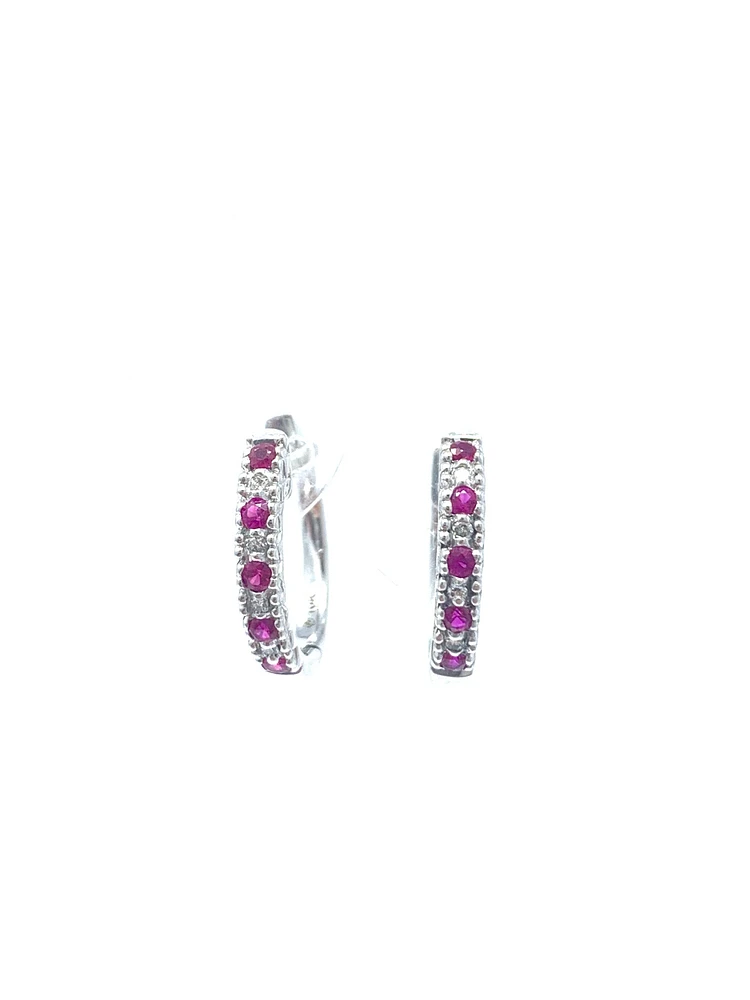 10K White Gold 0.20cttw Genuine Ruby and 0.04cttw Diamond Hoop Huggie Hinged Earrings