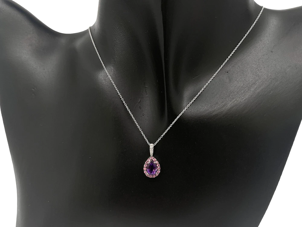 10K White Gold Amethyst, Pink Sapphire & Diamond Pendant, 18"