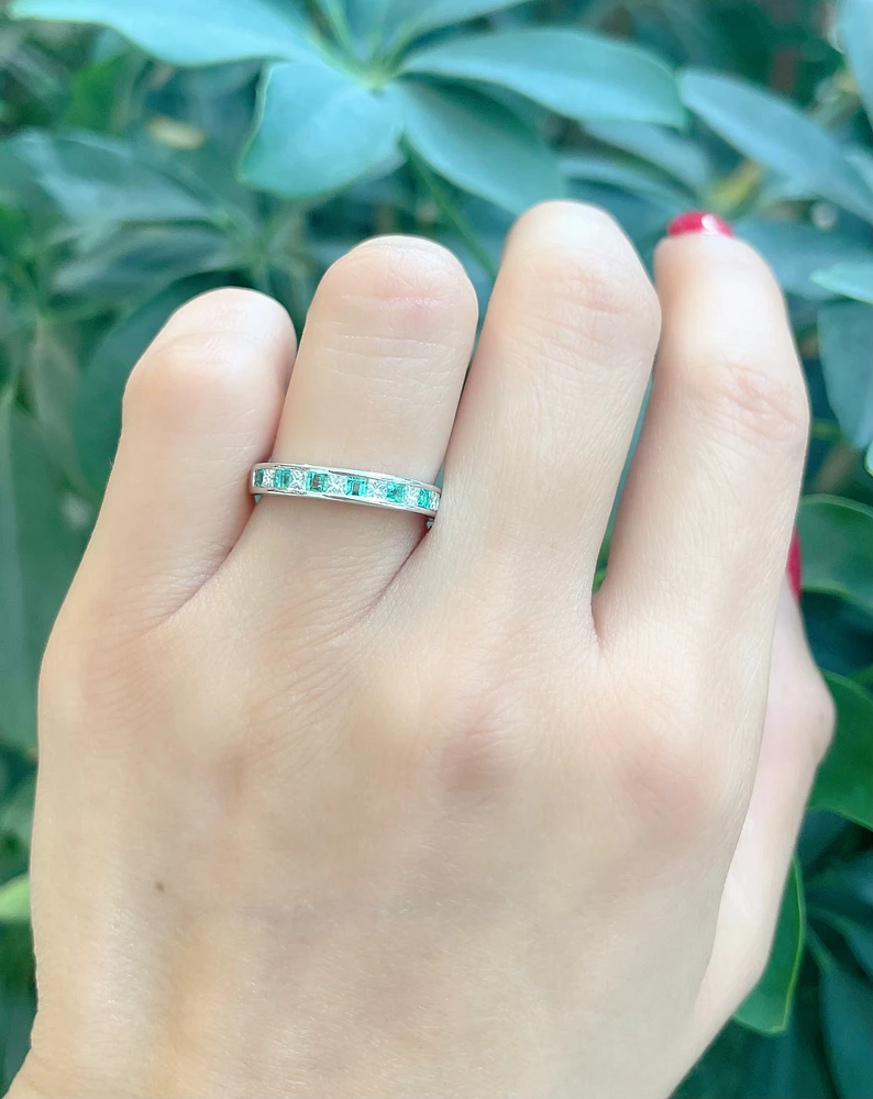 10K White Gold 0.30cttw Princess Cut Emerald and 0.28cttw Diamond Channel Set Ring - 6.5 / 4.5