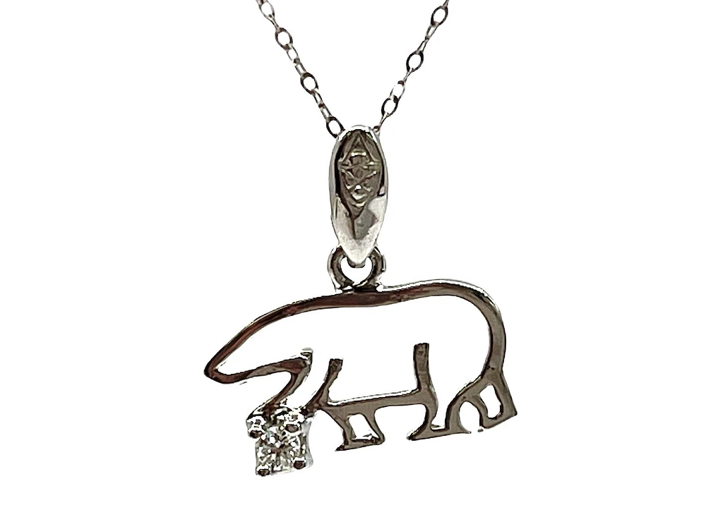 14K White Gold 0.03cttw Diamond Orion Bear Pendant with Rolo Chain (Spring Clasp) - 18 Inches
