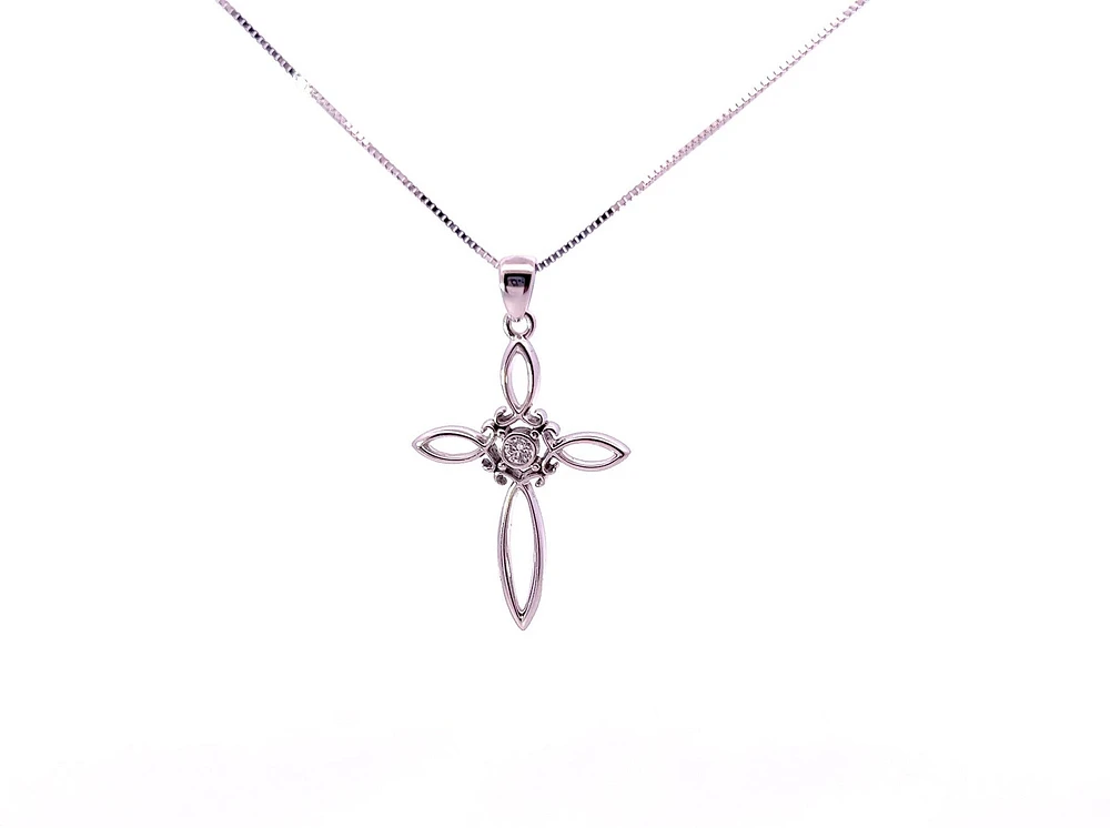 10K White Gold 0.05cttw Diamond Cross Necklace, 18"