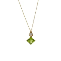 10K Yellow Gold 7mm Princess Cut Peridot and Diamond Pendant