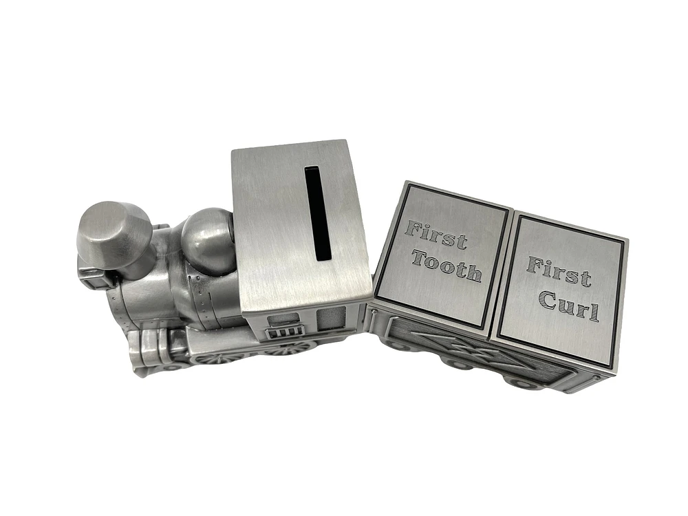 Pewter Engraveable Train Money Bank with First Curl and First Tooth Train Cars