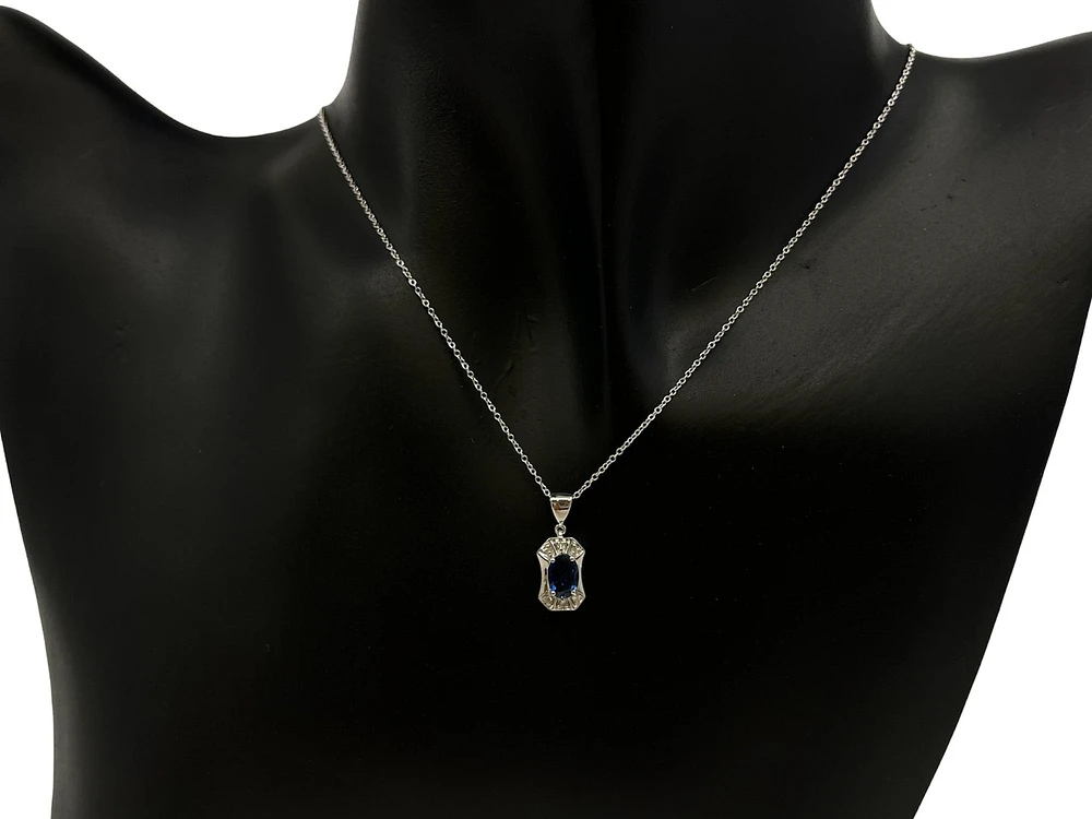 10K White Gold 0.45cttw Blue Sapphire and 0.03cttw Diamond Pendant - 18"