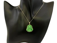 10K Yellow Gold 20mm Dyed Green Jade Buddha Pendant - 18"