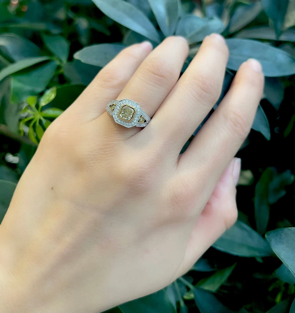 18K White & Yellow Gold 1.10Cttw Fancy Diamond Radiant Cut Engagement Ring