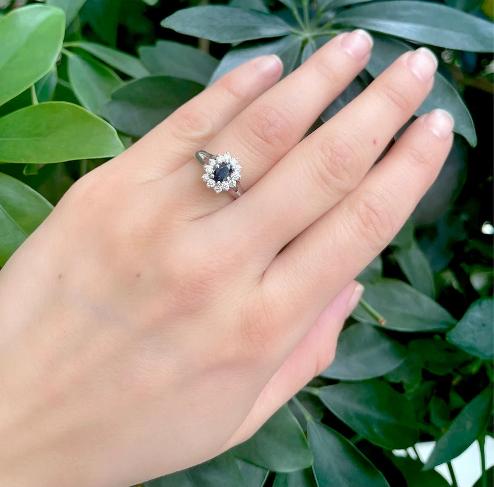 14K White Gold 0.60cttw Genuine Oval Cut Sapphire and 0.40cttw Diamond Ring, size 6.5
