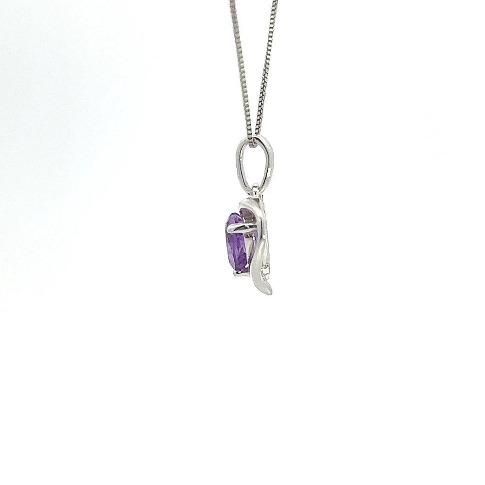 10K White Gold Amethyst and Diamond Pendant - 18"