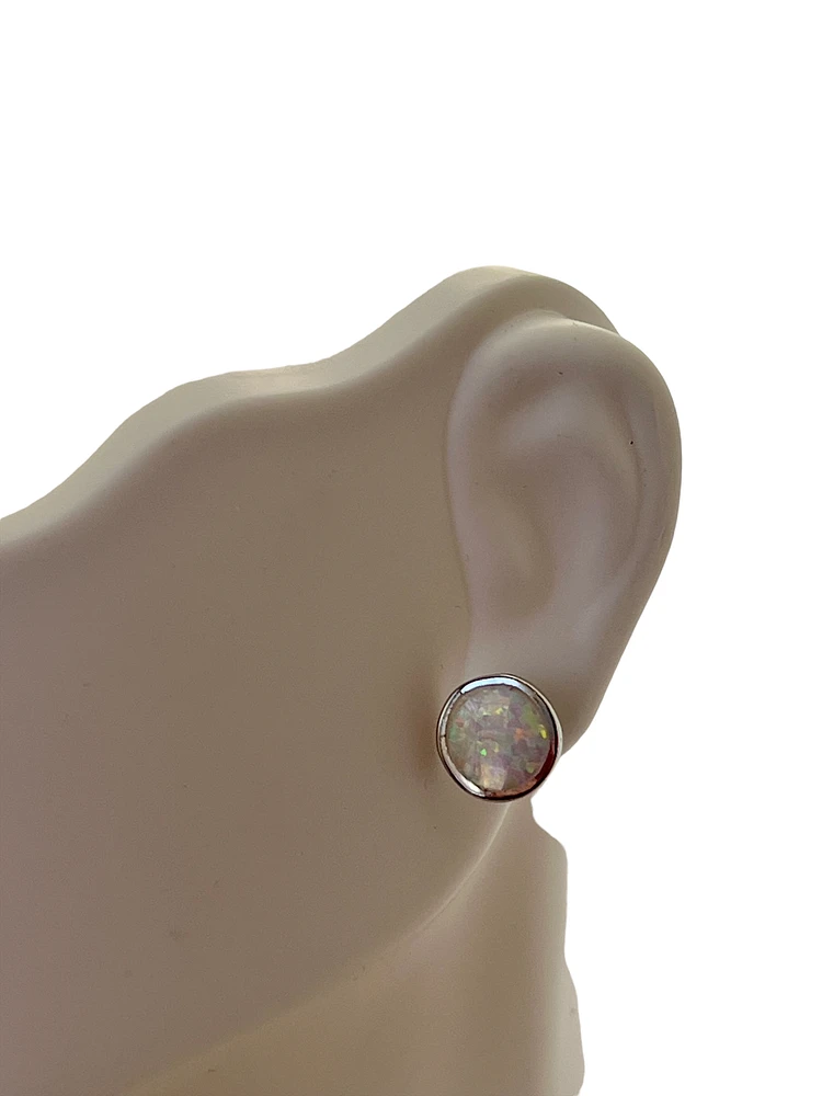 925 Sterling Silver Rhodium Plated Created Opal Stud Earrings with Butterfly Backs