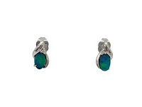 10K White Gold 4mm x 6mm Australian Doublet Opal and 0.02cttw Diamond Earrings