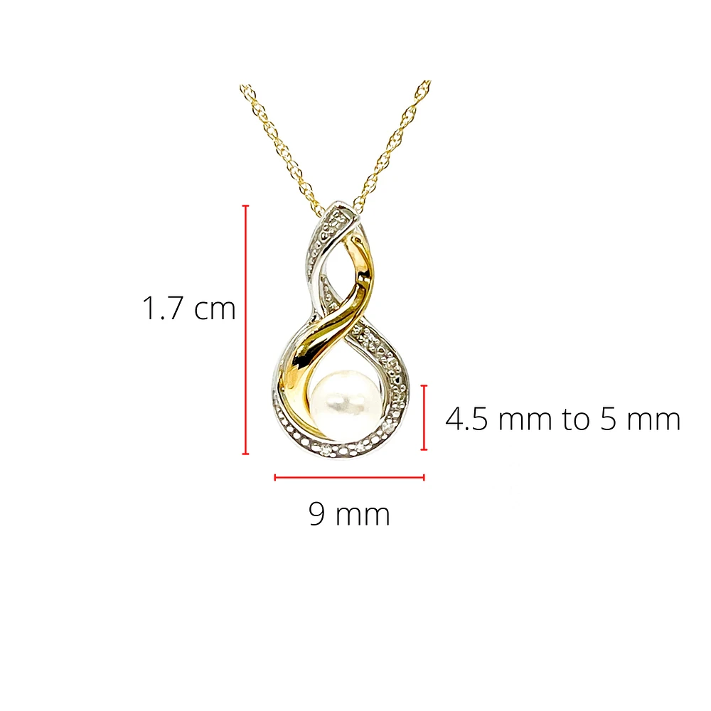 10K 2 Tone Pearl 4.5-5mm and Diamond Pendant, 18"