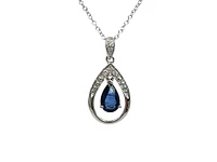 10K White Gold Sapphire and Diamond Pendant, 18"