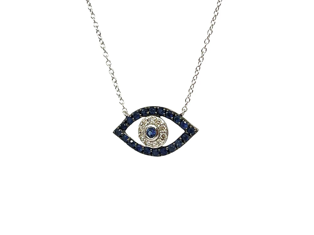 10K White Gold Sapphire & Diamond Evil Eye Pendant, 18"