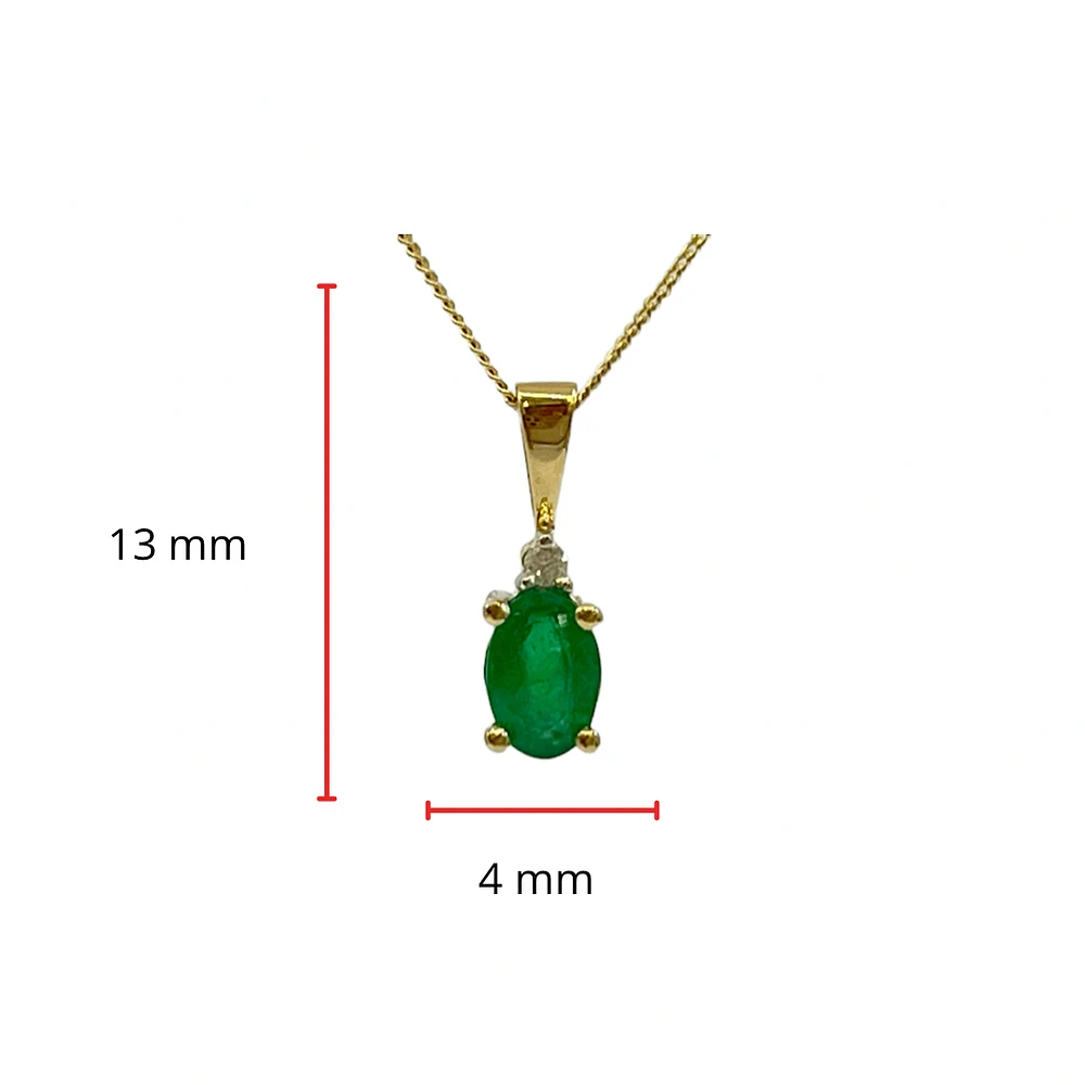 10K Yellow Gold Oval Cut Emerald and Diamond Pendant, 18"