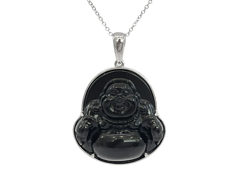 10K White Gold 20mm Dyed Black Jade Buddha Pendant - 18"