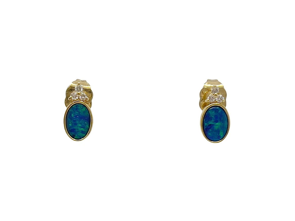 10K Yellow Gold 0.80cttw Australian Doublet Opal and 0.065cttw Diamond Earrings