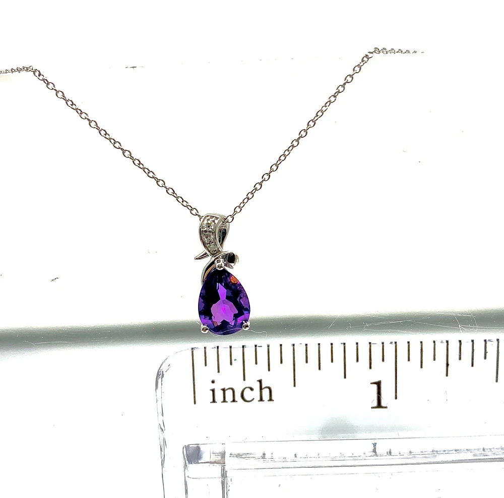 10K White Gold 8x5mm Pear Cut Amethyst & 0.022cttw Diamond Pendant, 18"