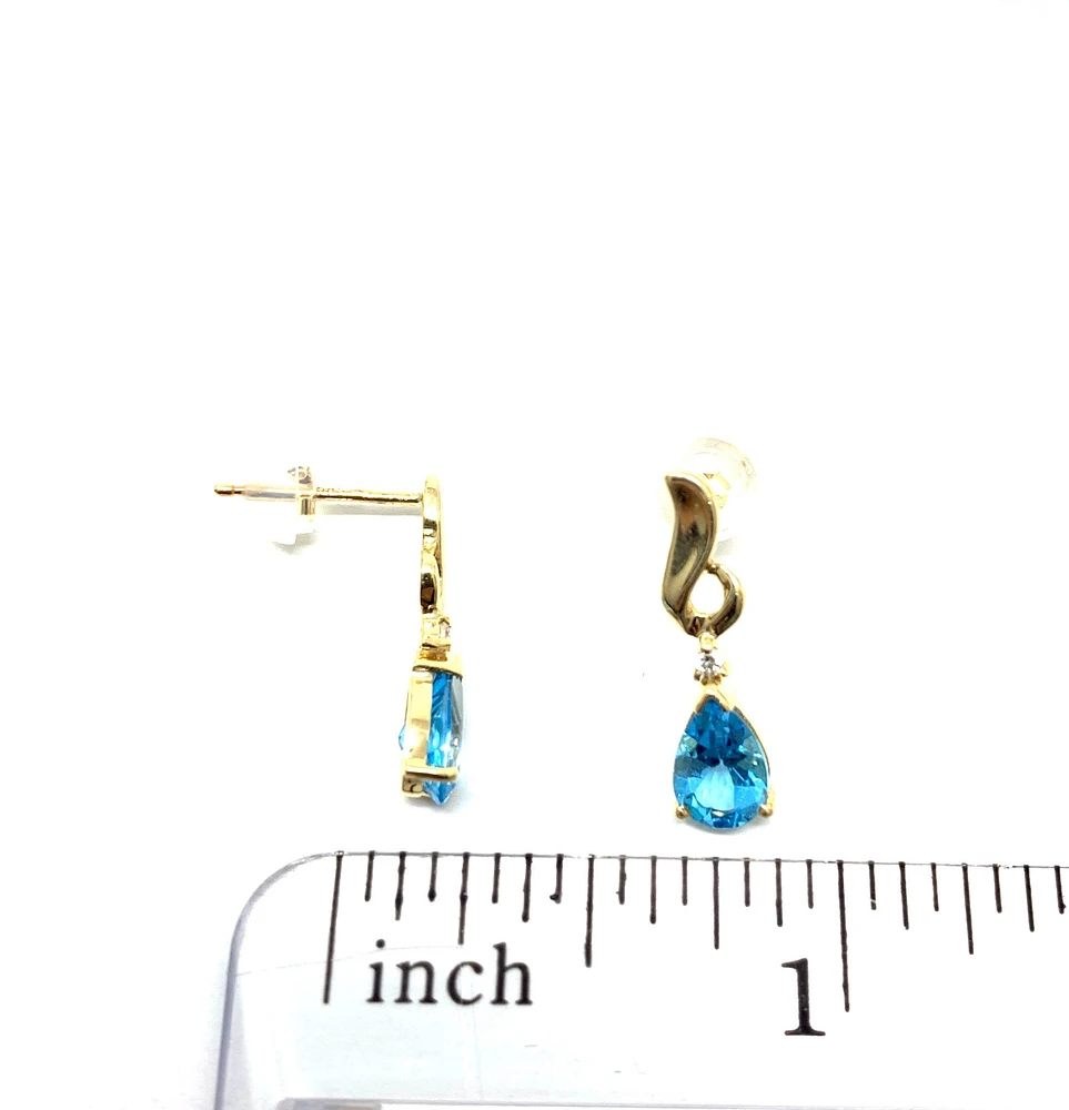 14K Yellow Gold Blue Topaz & 0.03cttw Diamond Earrings