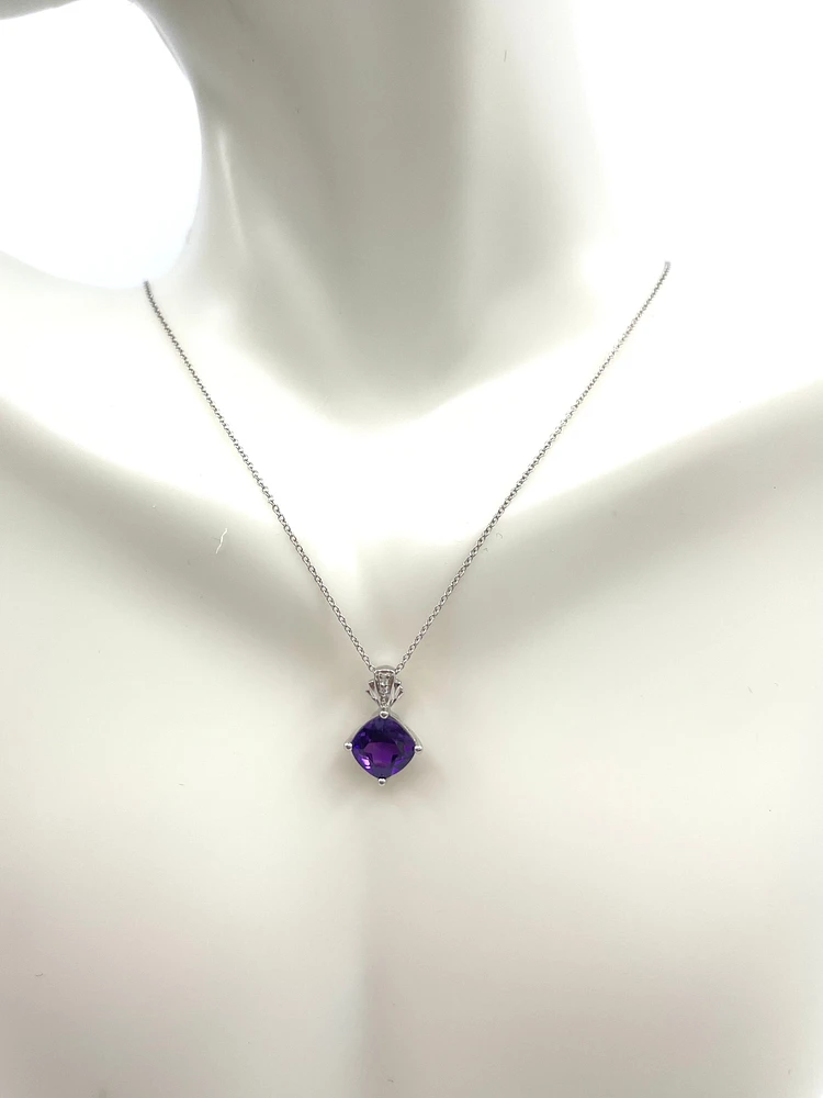 10K White Gold Amethyst & Diamond Pendant, 18"