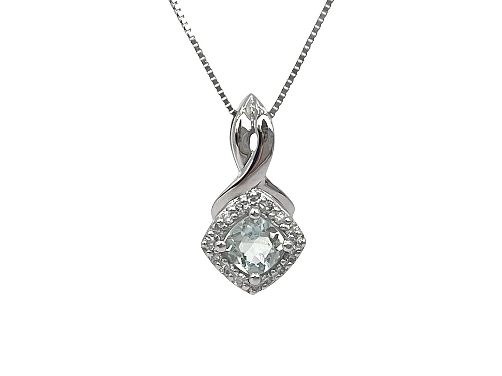 10K White Gold Aquamarine and Diamond Pendant, 18"
